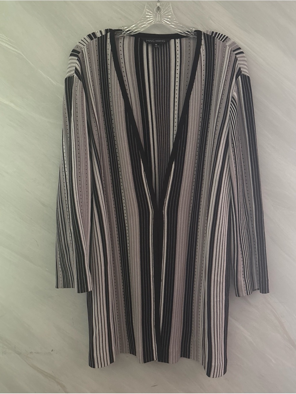 Ming Wang 1X  Gray/Black/White Open Front Knit Duster Long Sleeve Jacket